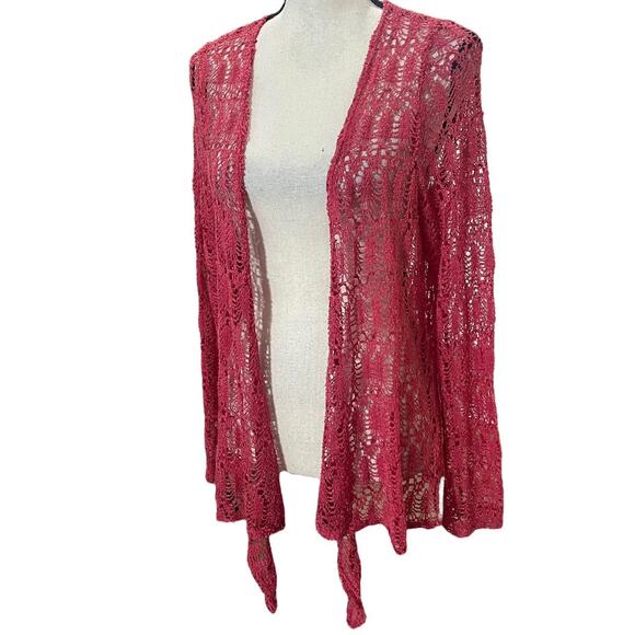 VTG 2000s Citiknits Deep Pink Sparkly Sequin Open Mesh Cascading Cardigan Top L - Picture 2 of 6